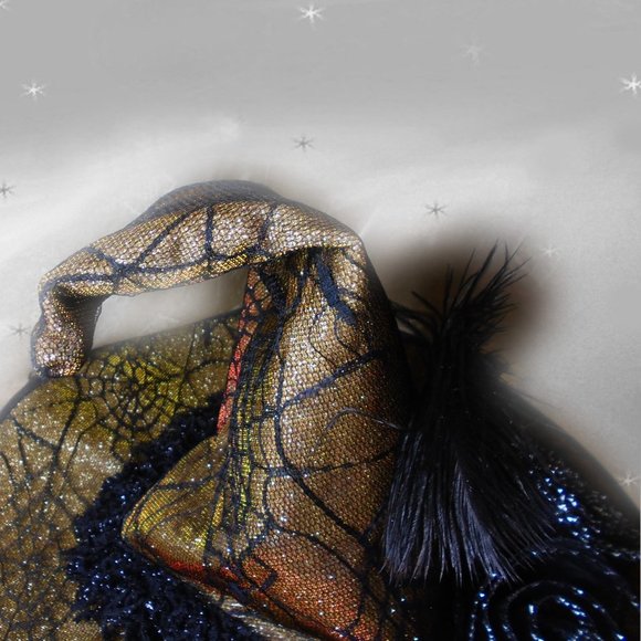 Couture Glamour Witch Hat for Costume, Gold Lame, Spider Web Lace, Feather - Picture 9 of 11